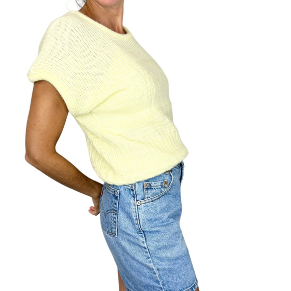 Vintage 80s 90s pale yellow dolman sleeve jacquard knit retro sweater M - Picture 5 of 12